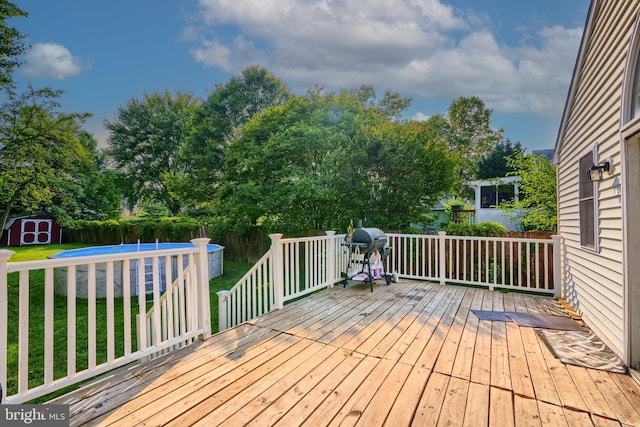 5221 Trumps Mill Rd, Baltimore, MD 21206 - wooden terrace featuring a shed, area for grilling, a fenced backyard, and view of scattered trees