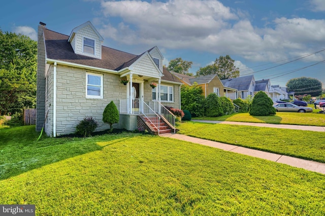 5221 Trumps Mill Rd, Baltimore, MD 21206 - view of front of house with stone siding, a front lawn, a chimney, and a shingled roof