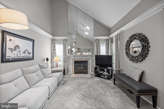 29 Dominion Dr, Marlton, NJ 08053 - carpeted living room with high vaulted ceiling and a tiled fireplace
