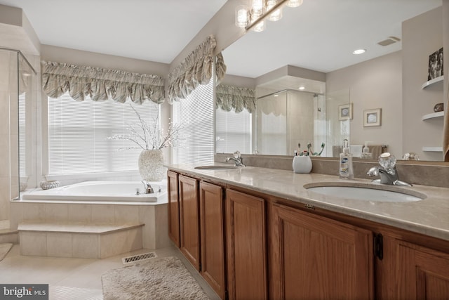 29 Dominion Dr, Marlton, NJ 08053 - bathroom with a shower stall, a bath, double vanity, and tile patterned floors