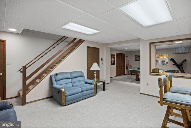 29 Dominion Dr, Marlton, NJ 08053 - living room with pool table, carpet floors, a drop ceiling, baseboards, and stairs