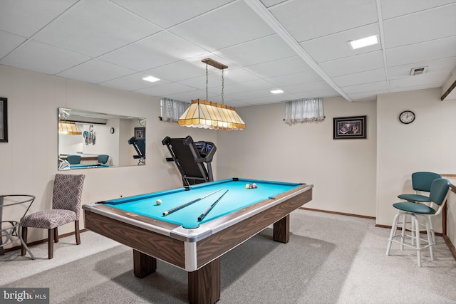 29 Dominion Dr, Marlton, NJ 08053 - rec room featuring a paneled ceiling, pool table, carpet flooring, and baseboards