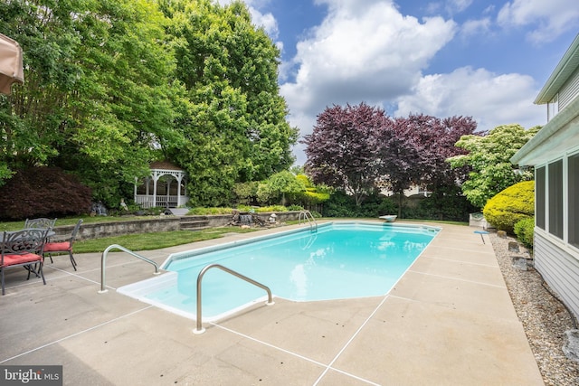 29 Dominion Dr, Marlton, NJ 08053 - swimming pool with a gazebo, a patio, a diving board, and view of wooded area