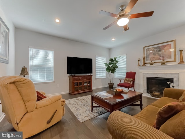 8716 Windon Ct, Waldorf, MD 20603 - living room featuring wood finished floors, ceiling fan, plenty of natural light, a premium fireplace, and recessed lighting