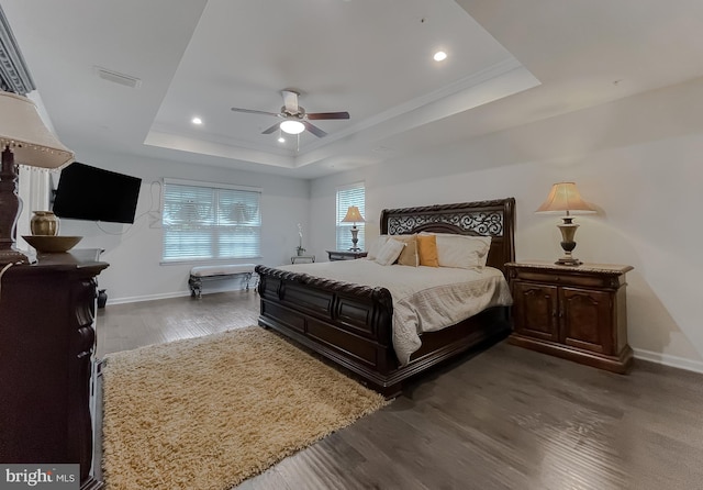 8716 Windon Ct, Waldorf, MD 20603 - bedroom featuring a raised ceiling, wood finished floors, recessed lighting, baseboards, and a ceiling fan