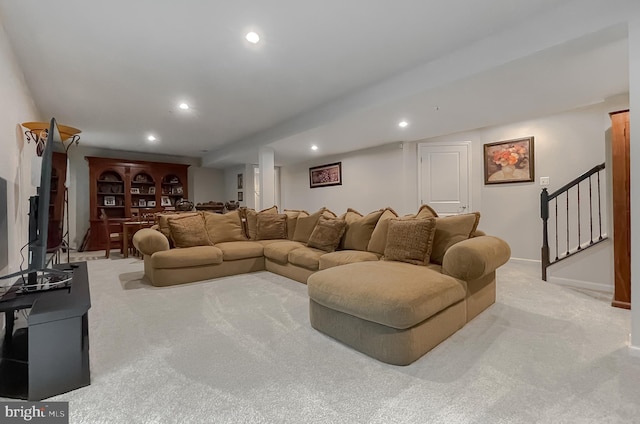 8716 Windon Ct, Waldorf, MD 20603 - living area featuring carpet, recessed lighting, stairs, and baseboards