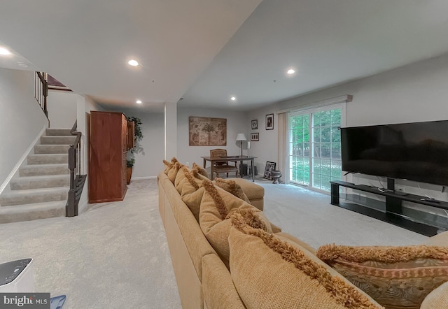 8716 Windon Ct, Waldorf, MD 20603 - living room with light carpet, stairway, recessed lighting, and baseboards