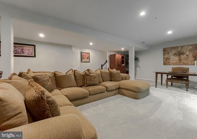 8716 Windon Ct, Waldorf, MD 20603 - carpeted living area with recessed lighting, stairs, and baseboards