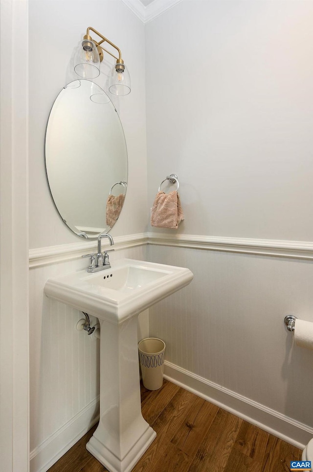 3707 Thicket Run Pl, Charlottesville, VA 22911 - bathroom with wood finished floors, wainscoting, baseboards, and crown molding