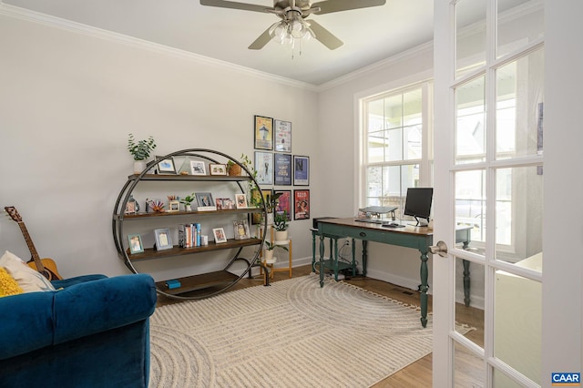 3707 Thicket Run Pl, Charlottesville, VA 22911 - home office featuring wood finished floors, a ceiling fan, baseboards, and crown molding