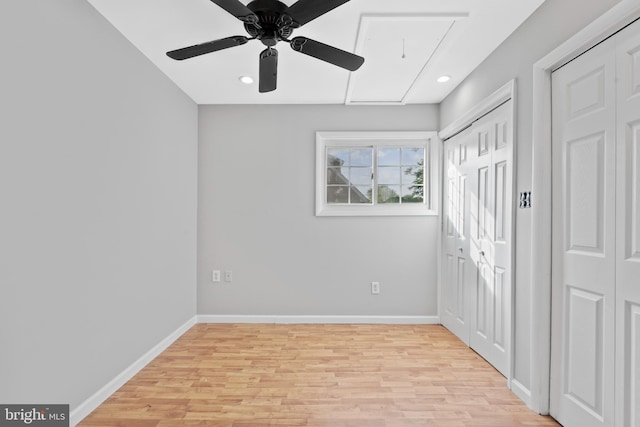 95 Twin Oak Dr, Levittown, PA 19056 - unfurnished bedroom featuring attic access, light wood-style flooring, baseboards, recessed lighting, and a ceiling fan