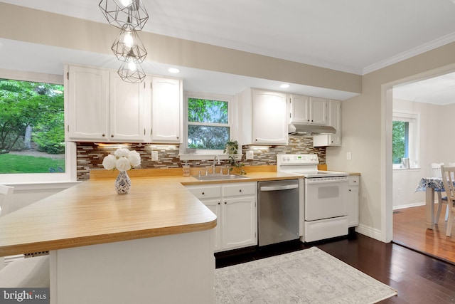1995 Pierce Dr, Whitehall, PA 18052 - kitchen featuring dishwasher, white electric range, a sink, under cabinet range hood, and light countertops