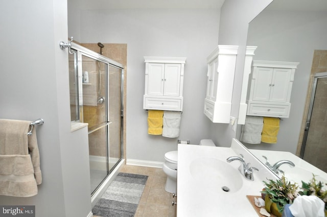 30 Keswick Path, Medford, NJ 08055 - bathroom with toilet, a stall shower, tile patterned floors, vanity, and baseboards