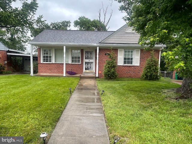 2402 Berkley St, Temple Hills, MD 20748 - view of front of house with brick siding, a front yard, roof with shingles, and a porch
