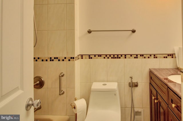 3405 Sundown Farms Way, Olney, MD 20832 - bathroom with tile walls, vanity, toilet, and shower / bath combination