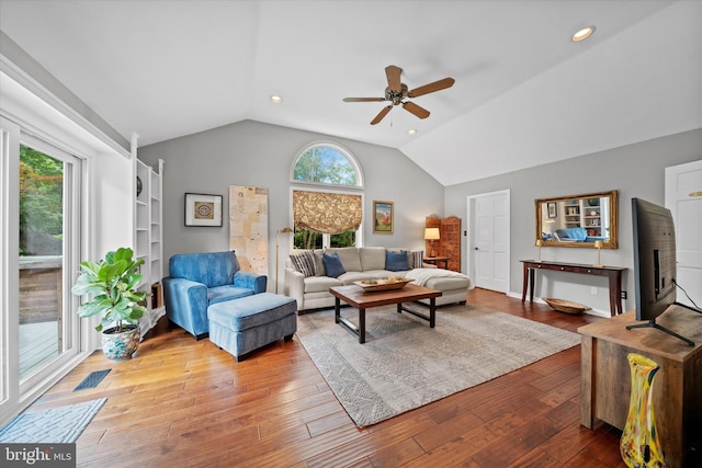114 W Pembrey Dr, Wilmington, DE 19803 - living area with vaulted ceiling, a ceiling fan, wood finished floors, and recessed lighting
