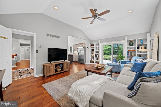 114 W Pembrey Dr, Wilmington, DE 19803 - living room featuring lofted ceiling, a ceiling fan, hardwood / wood-style flooring, and recessed lighting