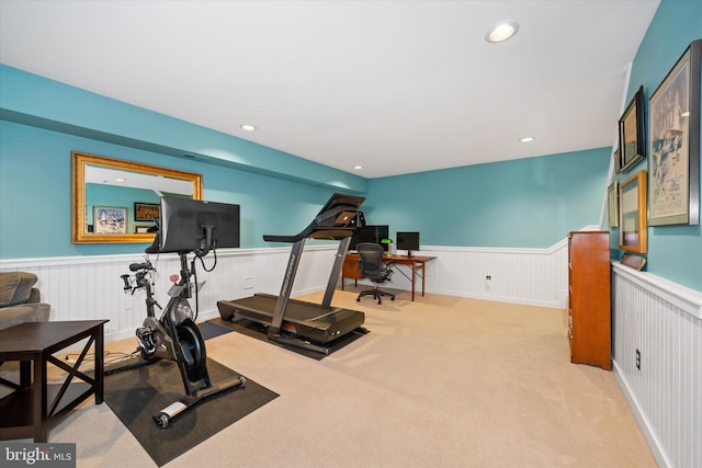 114 W Pembrey Dr, Wilmington, DE 19803 - exercise area featuring a wainscoted wall, carpet floors, and recessed lighting