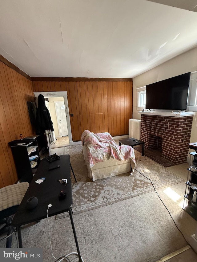 2905 Echodale Ave, Baltimore, MD 21214 - carpeted living room with wood walls, radiator heating unit, and a brick fireplace