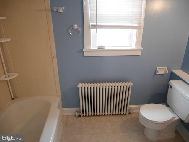 2905 Echodale Ave, Baltimore, MD 21214 - bathroom featuring radiator heating unit, toilet, a bathtub, baseboards, and a shower