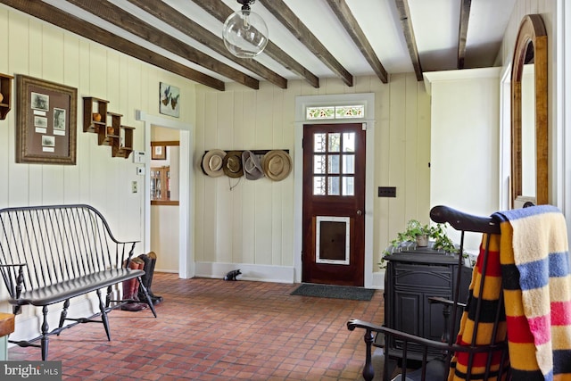 408 Kintner Hill Rd, Upper Black Eddy, PA 18972 - foyer entrance featuring beam ceiling, brick floors, and baseboards