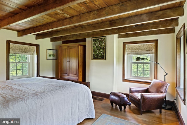 408 Kintner Hill Rd, Upper Black Eddy, PA 18972 - bedroom featuring baseboards, wood ceiling with exposed beams, and wood finished floors