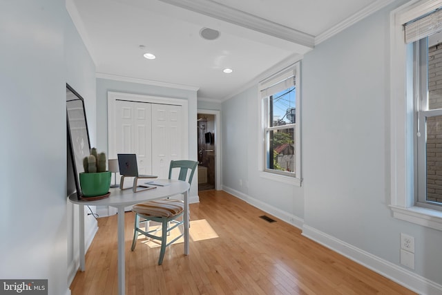 3006 Dillon St, Baltimore, MD 21224 - office featuring light wood-style flooring, baseboards, crown molding, and recessed lighting