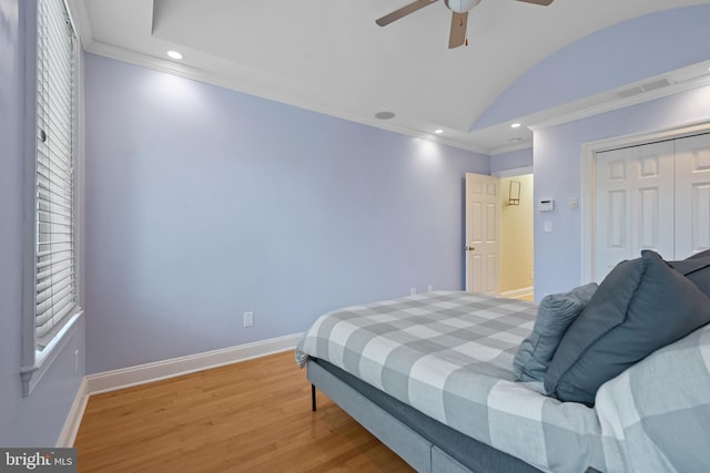 3006 Dillon St, Baltimore, MD 21224 - bedroom with ornamental molding, light wood-type flooring, baseboards, vaulted ceiling, and recessed lighting