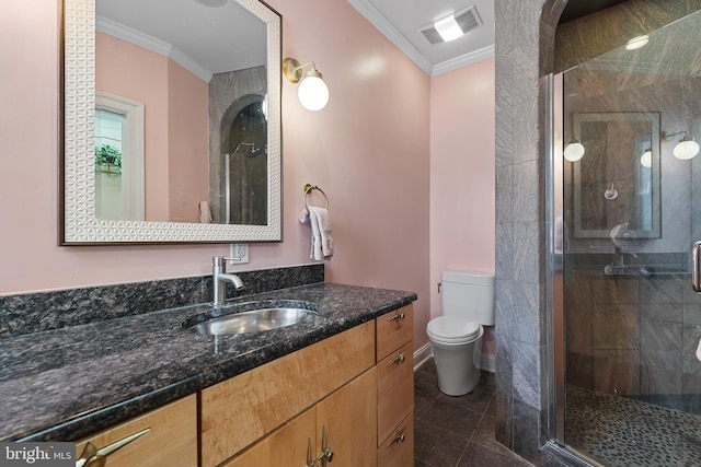 3006 Dillon St, Baltimore, MD 21224 - full bathroom featuring crown molding, toilet, vanity, and a shower stall