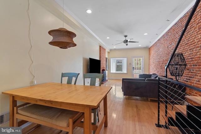 3006 Dillon St, Baltimore, MD 21224 - dining space with recessed lighting, light wood-style floors, ceiling fan, and ornamental molding