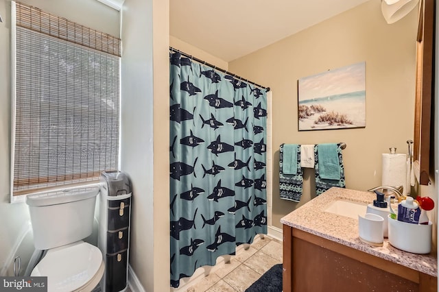 3203 Beverly Rd, Baltimore, MD 21214 - bathroom with toilet, tile patterned flooring, vanity, a shower with curtain, and baseboards