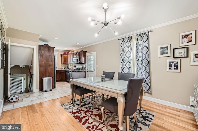 3203 Beverly Rd, Baltimore, MD 21214 - dining space featuring a chandelier, crown molding, light wood-type flooring, baseboards, and recessed lighting