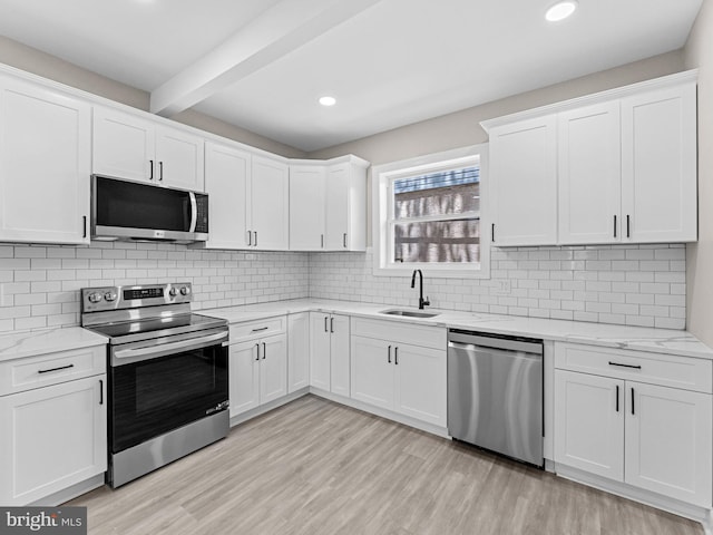 2223 W Indiana Ave, Philadelphia, PA 19132 - kitchen featuring stainless steel appliances, a sink, beam ceiling, white cabinetry, and recessed lighting