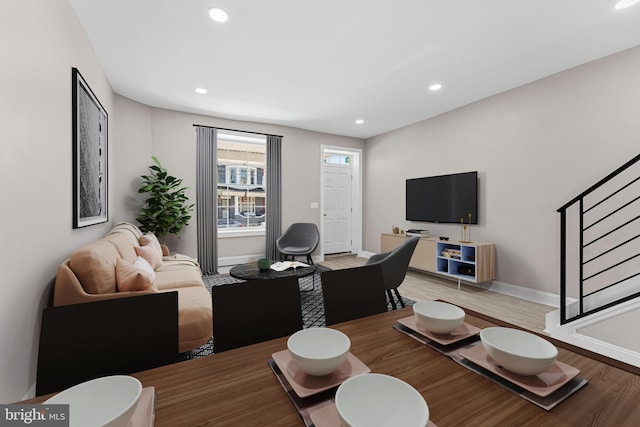 2223 W Indiana Ave, Philadelphia, PA 19132 - living room with wood finished floors, stairs, baseboards, and recessed lighting
