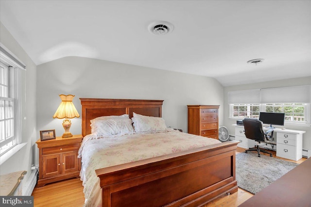 1 Birchall Dr, Haddonfield, NJ 08033 - bedroom featuring vaulted ceiling, light wood-type flooring, an office area, and a baseboard radiator