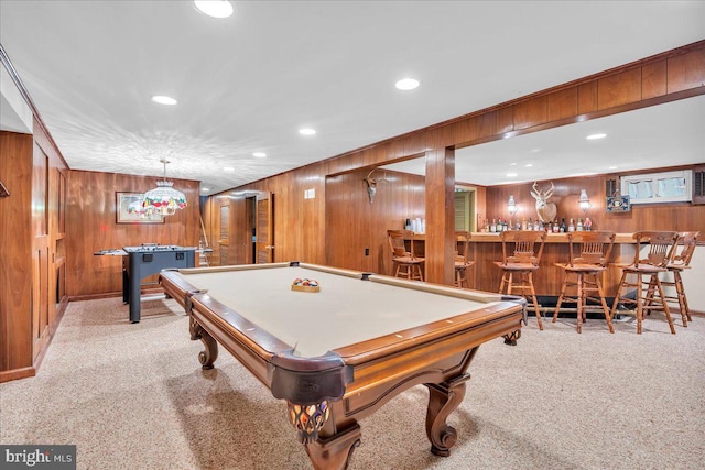 1 Birchall Dr, Haddonfield, NJ 08033 - game room featuring a dry bar, wood walls, carpet floors, recessed lighting, and billiards table