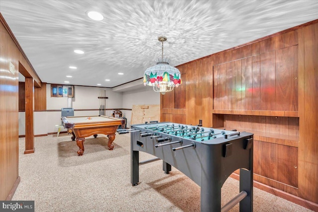 1 Birchall Dr, Haddonfield, NJ 08033 - recreation room with billiards, recessed lighting, carpet, wooden walls, and baseboards