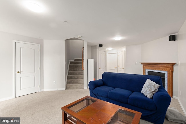 714 Kirkcaldy Way, Abingdon, MD 21009 - living area featuring carpet flooring, stairs, baseboards, and a fireplace