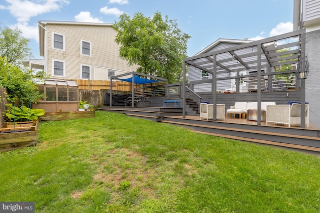 6109 Houston Ct, Alexandria, VA 22310 - view of yard with a greenhouse, a wooden deck, an outdoor structure, and stairs