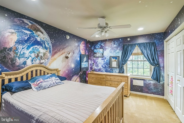 550 Font Rd, Downingtown, PA 19335 - bedroom featuring wallpapered walls, light colored carpet, baseboards, ceiling fan, and recessed lighting