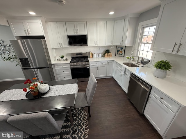 943 Columbus Rd, Burlington, NJ 08016 - kitchen with stainless steel appliances, a sink, tasteful backsplash, white cabinetry, and dark wood-style flooring