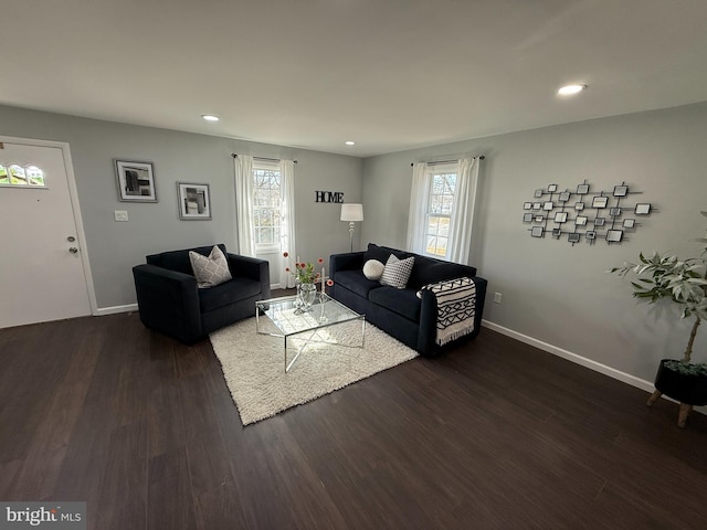 943 Columbus Rd, Burlington, NJ 08016 - living room with dark wood-style flooring, healthy amount of natural light, recessed lighting, and baseboards