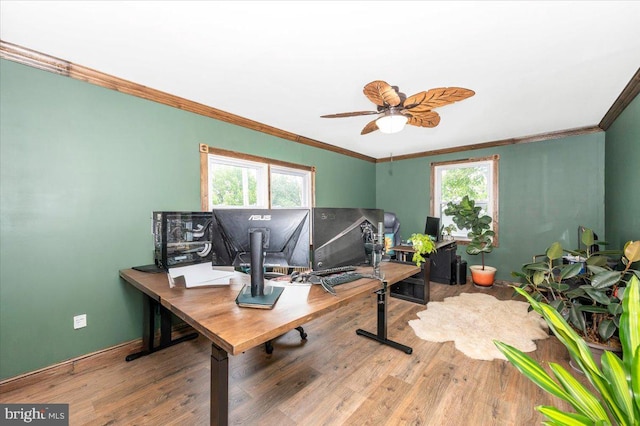 28 N Altamont Ave, Thurmont, MD 21788 - home office featuring ornamental molding, wood finished floors, ceiling fan, and baseboards