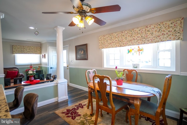 1211 Birch Ave, Baltimore, MD 21227 - dining space featuring ornate columns, dark wood-type flooring, ceiling fan, crown molding, and recessed lighting