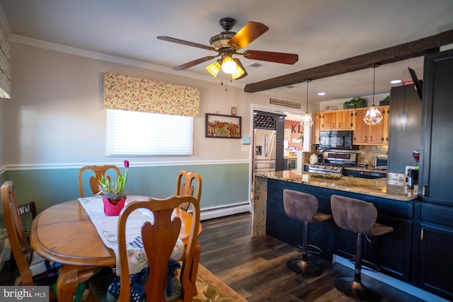 1211 Birch Ave, Baltimore, MD 21227 - kitchen featuring stainless steel appliances, crown molding, dark wood-style floors, a ceiling fan, and a peninsula