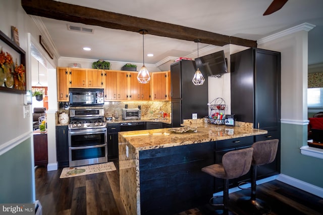 1211 Birch Ave, Baltimore, MD 21227 - kitchen with black appliances, a sink, dark wood-style floors, ornamental molding, and a peninsula