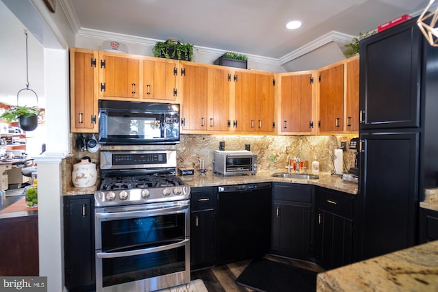 1211 Birch Ave, Baltimore, MD 21227 - kitchen with black appliances, a sink, ornamental molding, dark wood finished floors, and light stone countertops