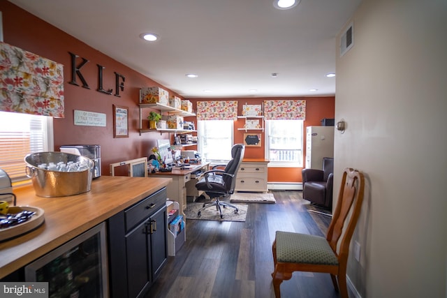 1211 Birch Ave, Baltimore, MD 21227 - office with wine cooler, a baseboard heating unit, dark wood-style floors, and recessed lighting