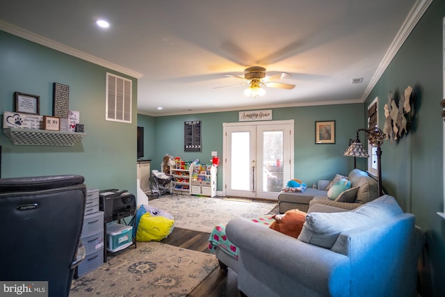 1211 Birch Ave, Baltimore, MD 21227 - living area featuring wood finished floors, french doors, ornamental molding, ceiling fan, and recessed lighting