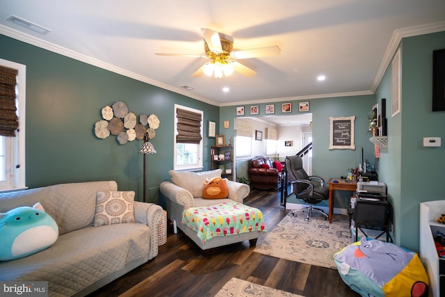 1211 Birch Ave, Baltimore, MD 21227 - living room featuring wood finished floors, a ceiling fan, crown molding, and recessed lighting